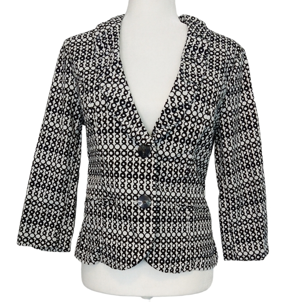 Cabi 298 Du Jour White Black Geometric Circle Two Button Blazer Pockets Modern